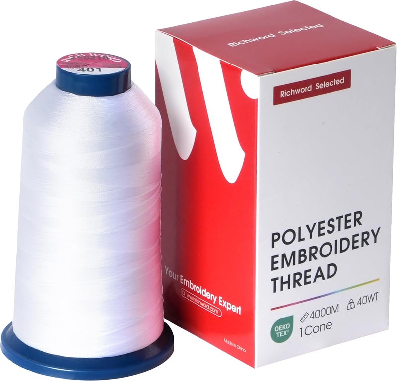 Poolin Richword Selected White Embroidery Thread (401) 5000Y 40WT Polyester – Smooth, Strong Single Spool for Home & Commercial Machines - Image 1
